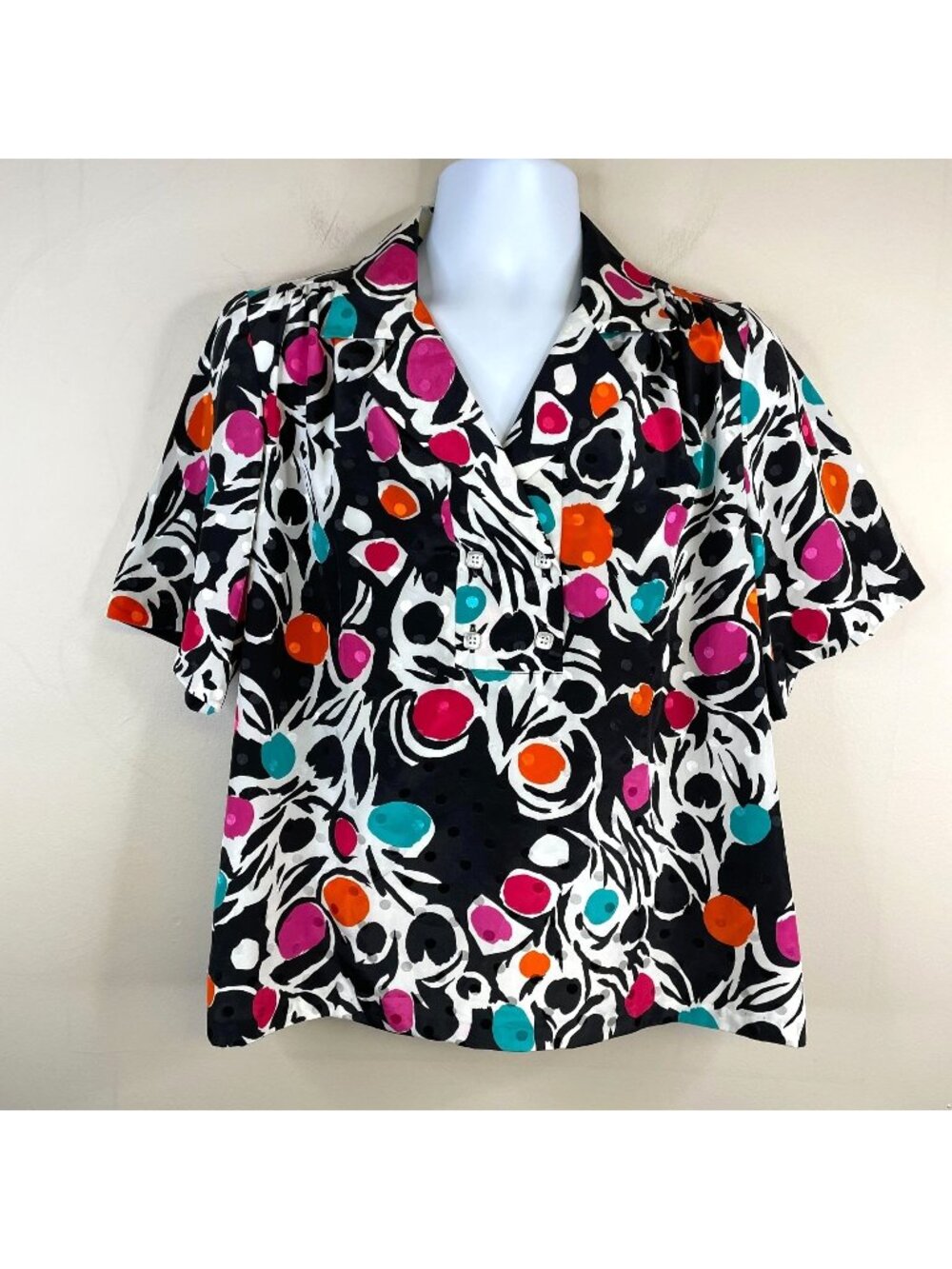 Vintage Art To Wear Top XLarge Satin Silky Polka Dot Iridescent Mod Blouse 80s